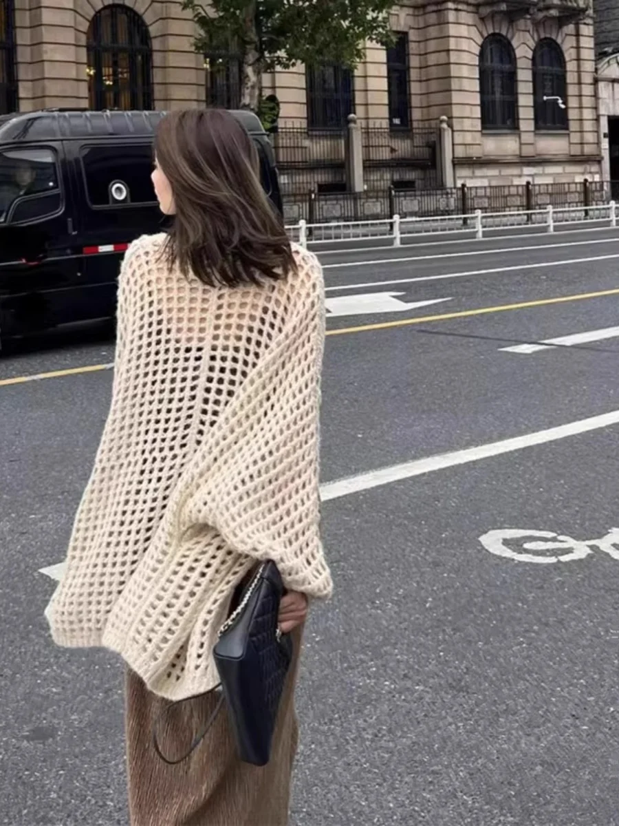 

Весна 2024: Женский вязаный свитер-кардиган с V-образным вырезом, рваным дизайном и ажурными элементами, длинный рукав, повседневная верхняя одежда