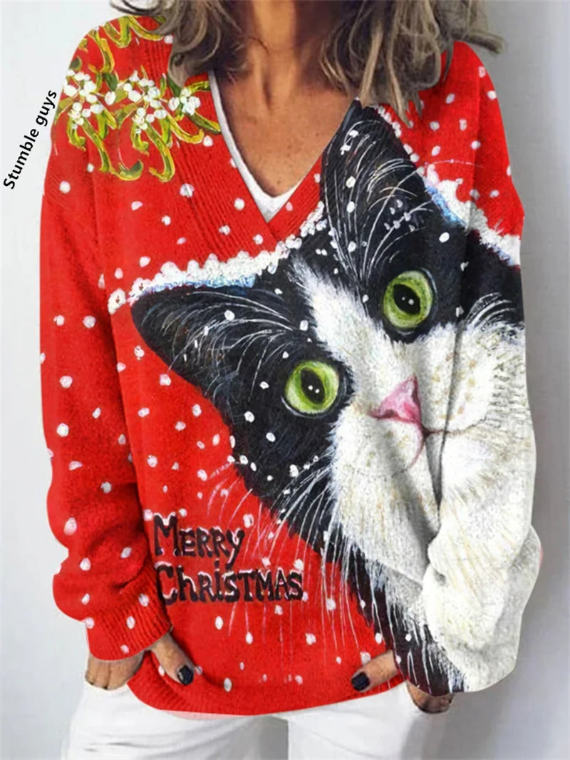 المرأة الخريف الشتاء عيد الميلاد سترة الموضة عادية الأوروبية الأمريكية الدافئة الغزلان الكلب ثلج طباعة Y2K متماسكة الأعلى #4