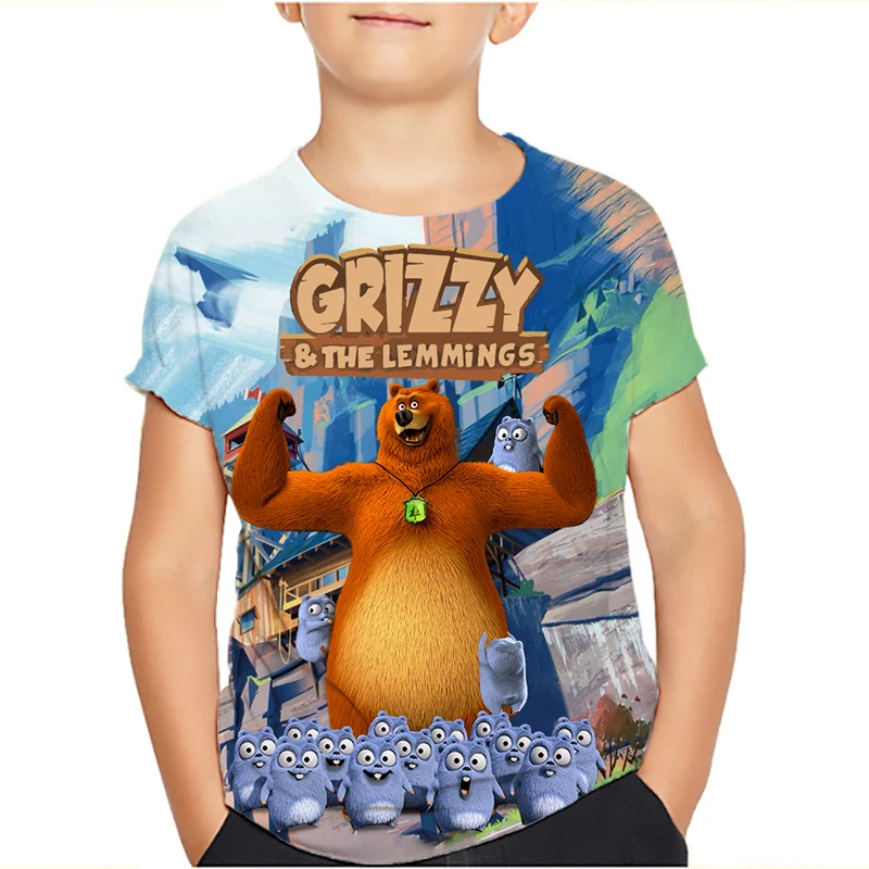 Grizzy and the Lemmings T-shirt Cartoon Boys Clothes Summer Thin Round Collar New Kids Tees Popular Design Children Tops