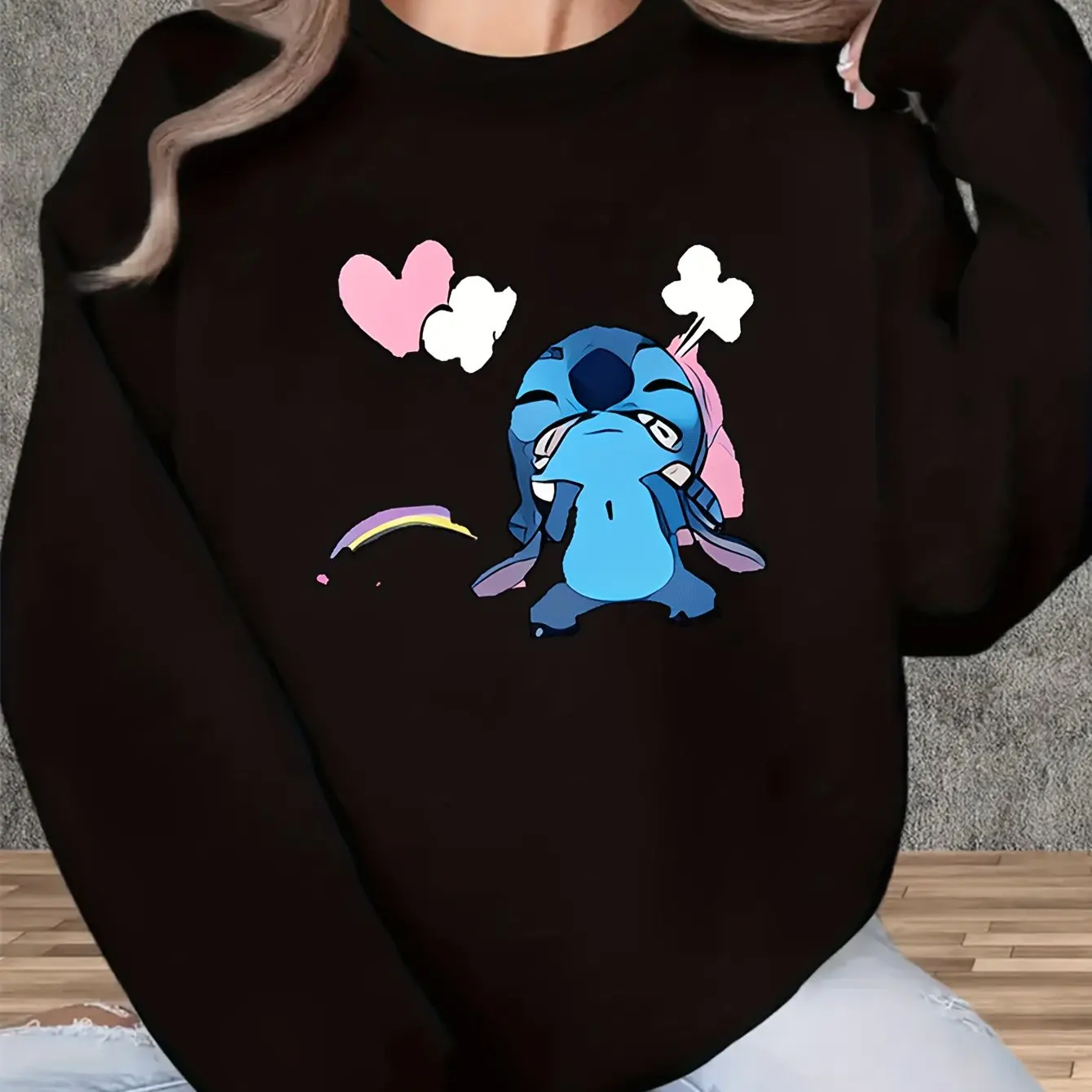 

Пуловер с узором Disney Stitch, модный свитер унисекс с круглым вырезом, осенне-зимний флисовый повседневный уличный свитер