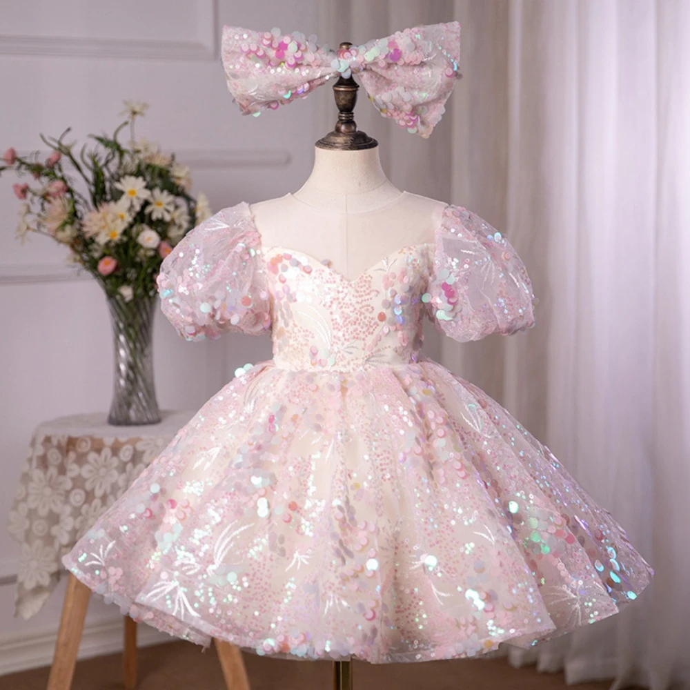 Charming Sequined Puffy Sleeve Princess Gown For Girls Birthday Party Cute Elegant O-neck Dresses Stage Performance Customized