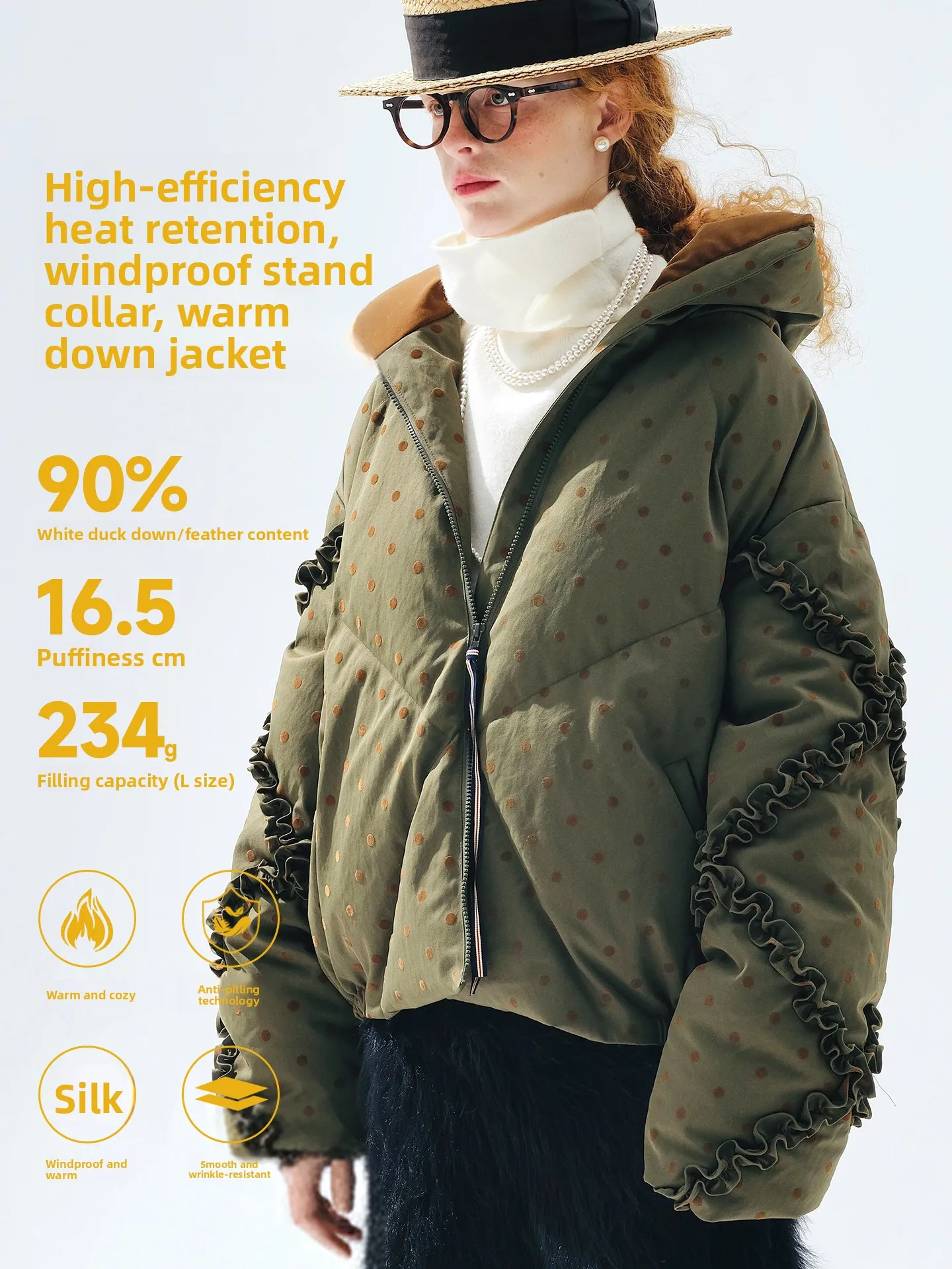 

Iokoni Women's ort Quilted Jaet Olive een Faux Fur Polka Dot White Du down Thiened Retro Sle Winter Coat