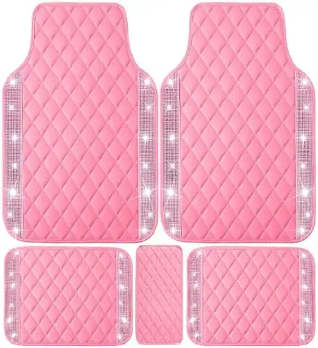 

Розовые блестящие автомобильные коврики - водонепроницаемые, с бриллиантовыми стразами, универсальные, подходят для большинства автомобилей, комплект из 5 штук