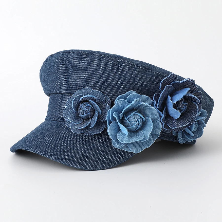 Women's Denim Beret Fashion Ladies Trendy Flat Top Captain Military Caps