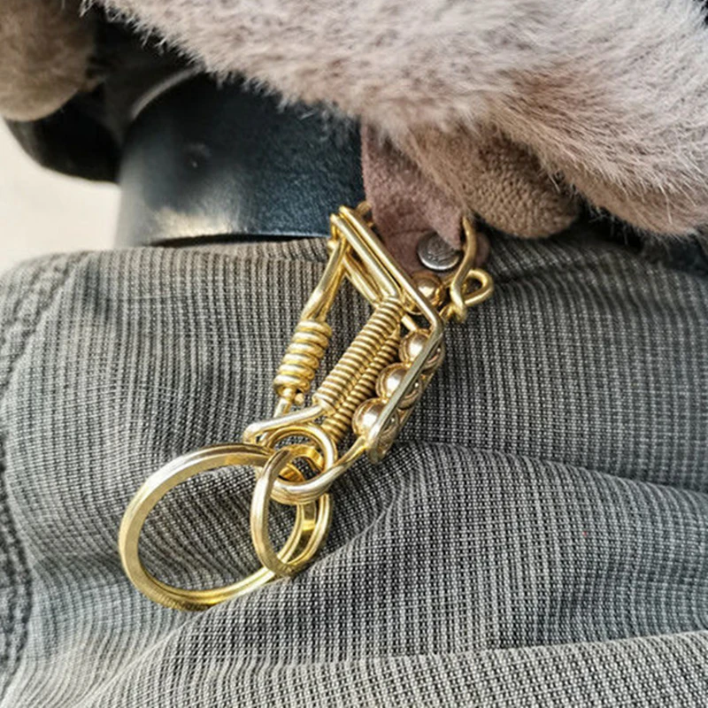 Handmade Keychains  2Brass Wire Car Key Ring, Engraved Retro Matte Round Bead, Men\'s Gift Waist Trinket Outdoor Mechanical Style