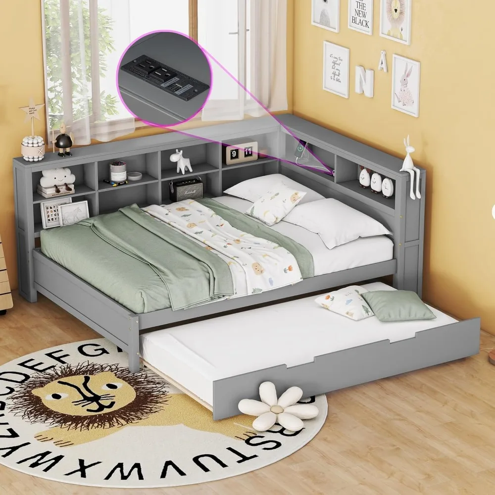 

Полноразмерная кушетка Harper & Bright с выдвижной кроватью, деревянным каркасом для хранения вещей, L-образными книжными шкафами и зарядной станцией