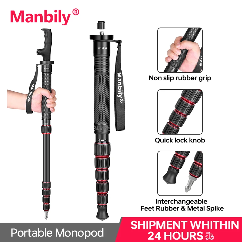 Monopié de aluminio Manbily A555L para cámara, bastón portátil ligero de 1.55 m, palo para selfies de viaje, para base de trípode DSLR
