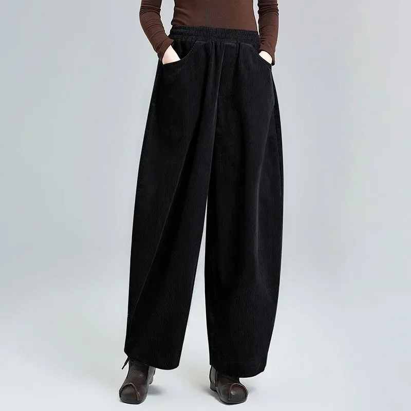 

Korean Fashion Womens Corduroy Harem Pants Casual Solid Ankle-Length Pant Versatile High Waist Loose Woman Trousers