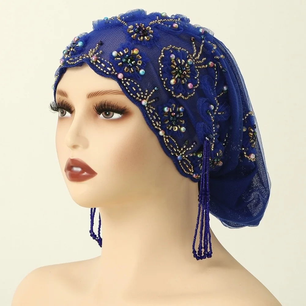 Strass Perlen muslimische Spitze Hut Spitze Hijab bestickt Design Perlen Hut Untertuch Motorhaube Headwrap Stil Diamant Faden Hut
