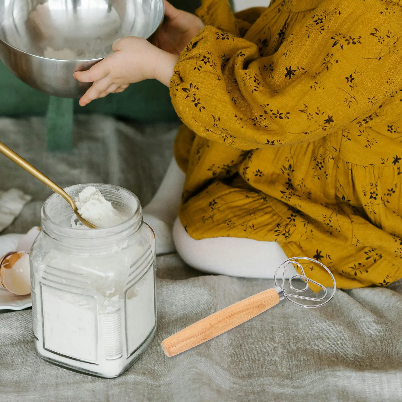 Batidor de malla de acero inoxidable de 10 pulgadas con mango de roble sin costuras para amasar, mezclar pan y huevos, herramienta de cocina para mezclar harina