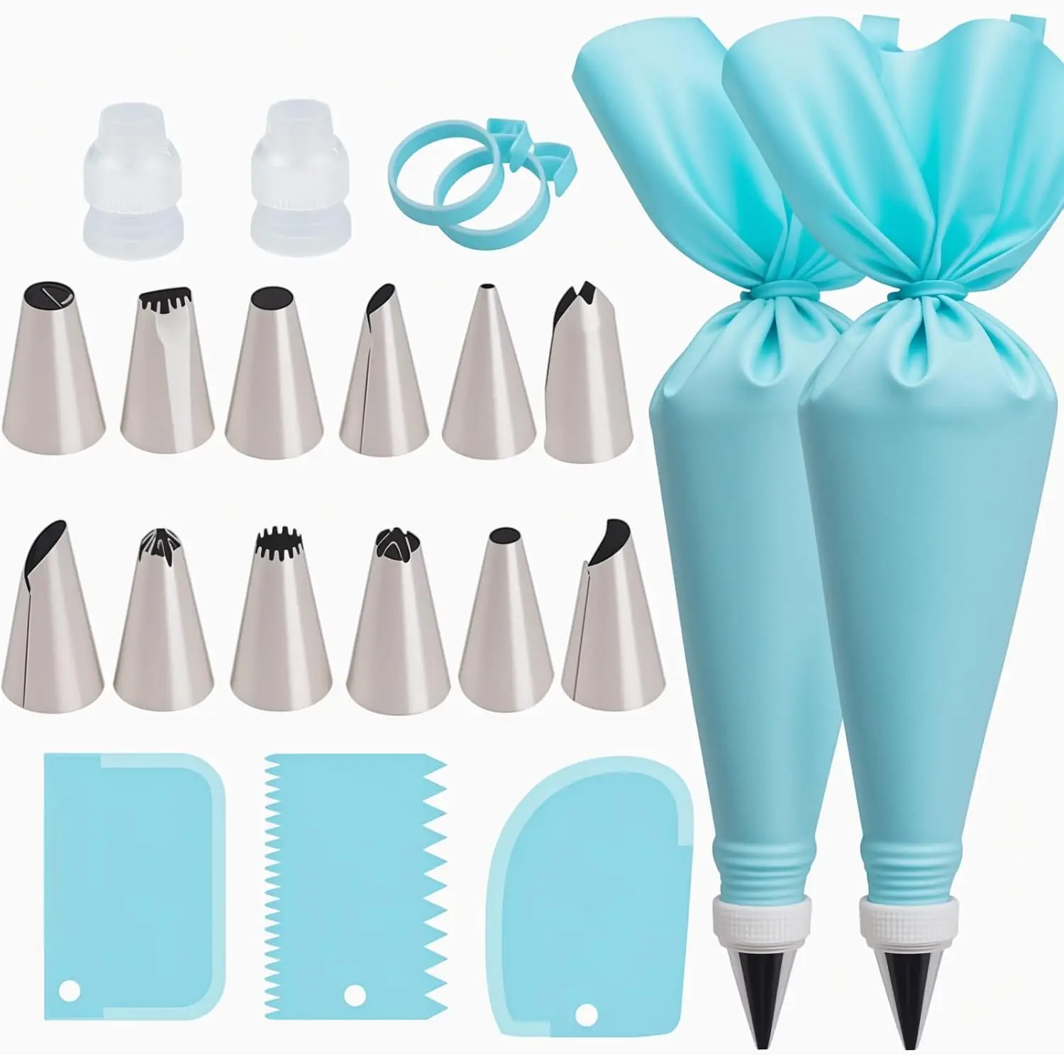 Reusable piping set: 2 bags, 12 tips, couplers, rings & scrapers for cake, cupcake & cookie decorating