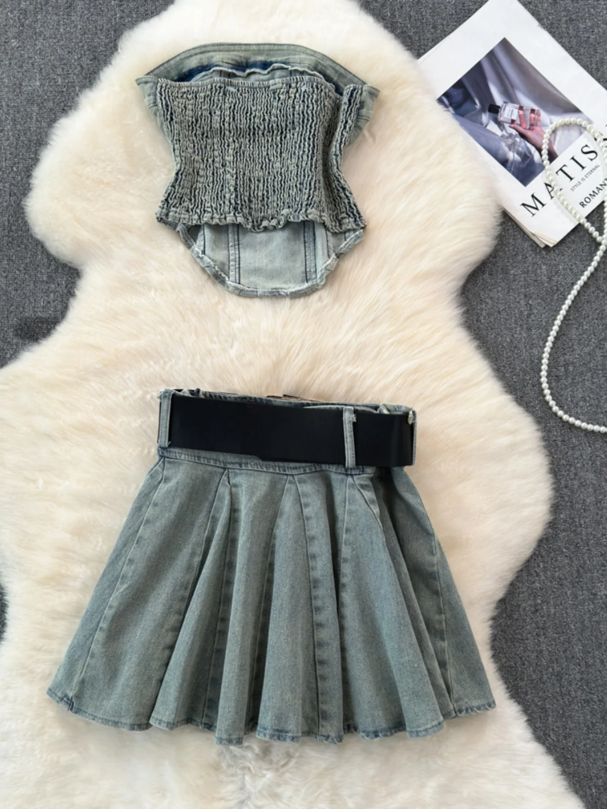 Retro อเมริกัน DENIM ชุดผู้หญิงเซ็กซี่สาวเผ็ดด้านบน + Anti-Light A-Line เผ็ดสาวจีบกระโปรง 2 ชิ้นชุด Faionable