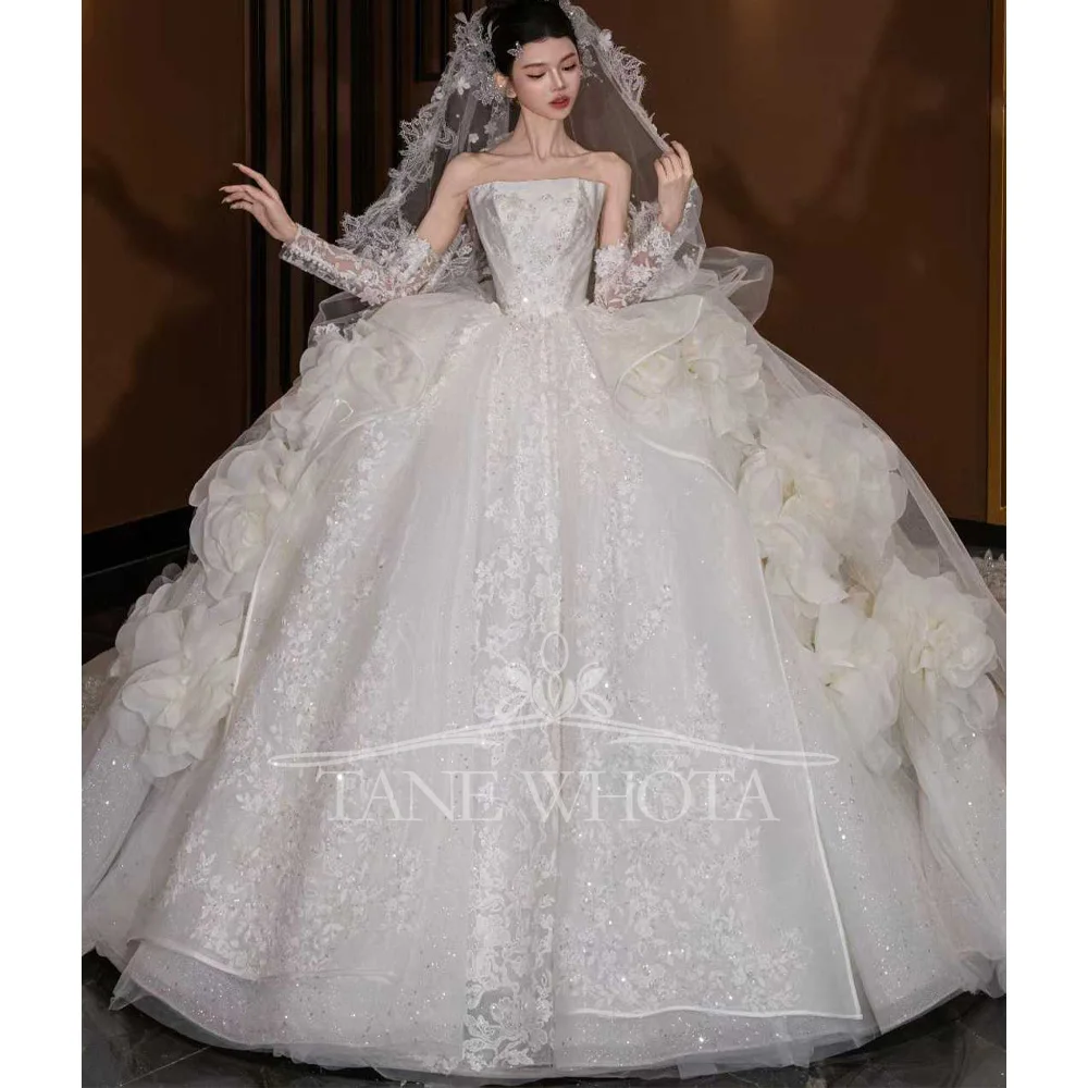 

Robe De Marie Strapless Bridal Dress Long Sleeve Embroidery Sequined Customized Wedding Dress