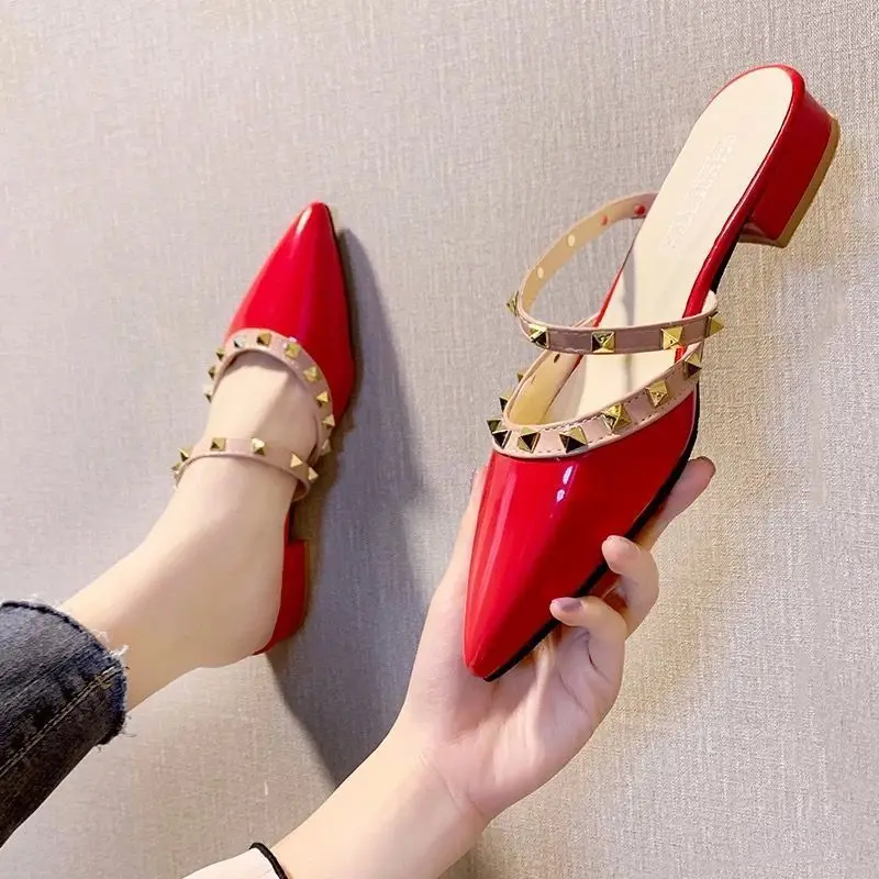 Women High Heels Slides Outer Wear 2022 Summer Women Sandals New Style Rivets Fashion Pointed Thick Heel Toe Slides Women
