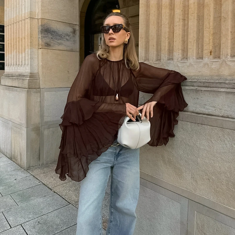 

2026 New Chiffon Casual Shirts Fashion Trend Transparent Flare Sleeve Round Neck Top Women Sexy Ruffle T-Shirt Lady Spring Top