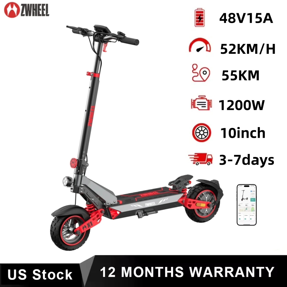

ZWHEEL Electric Scooter 1200W Max Speed 55KM/H 10inch Vacuum Off-road Tire Folding Electric Scooter for Adult 55KM Max Range Battery 48V15A