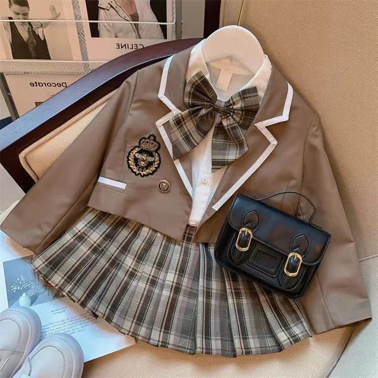 1-8Y Girls Spring Autumn 3PCS Clothes Set Cotton Shirt+contrast Sticker Coat+plaid Pleated Skirt Girls Preppy Look Suit With Bow