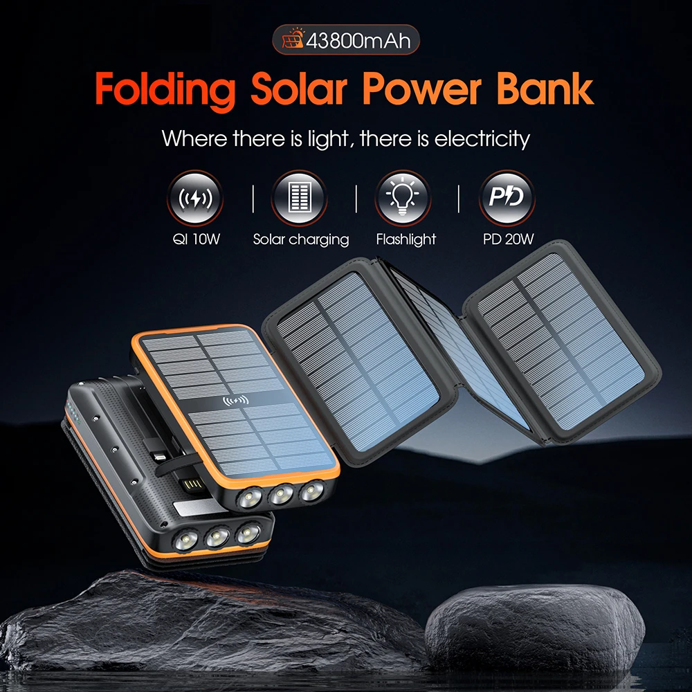 Portable Solar Charger Power Bank External Battery Pack for Huawei iPhone 15 Samsung Xiaomi Powerbank Built in 3 Cable 43800mAh