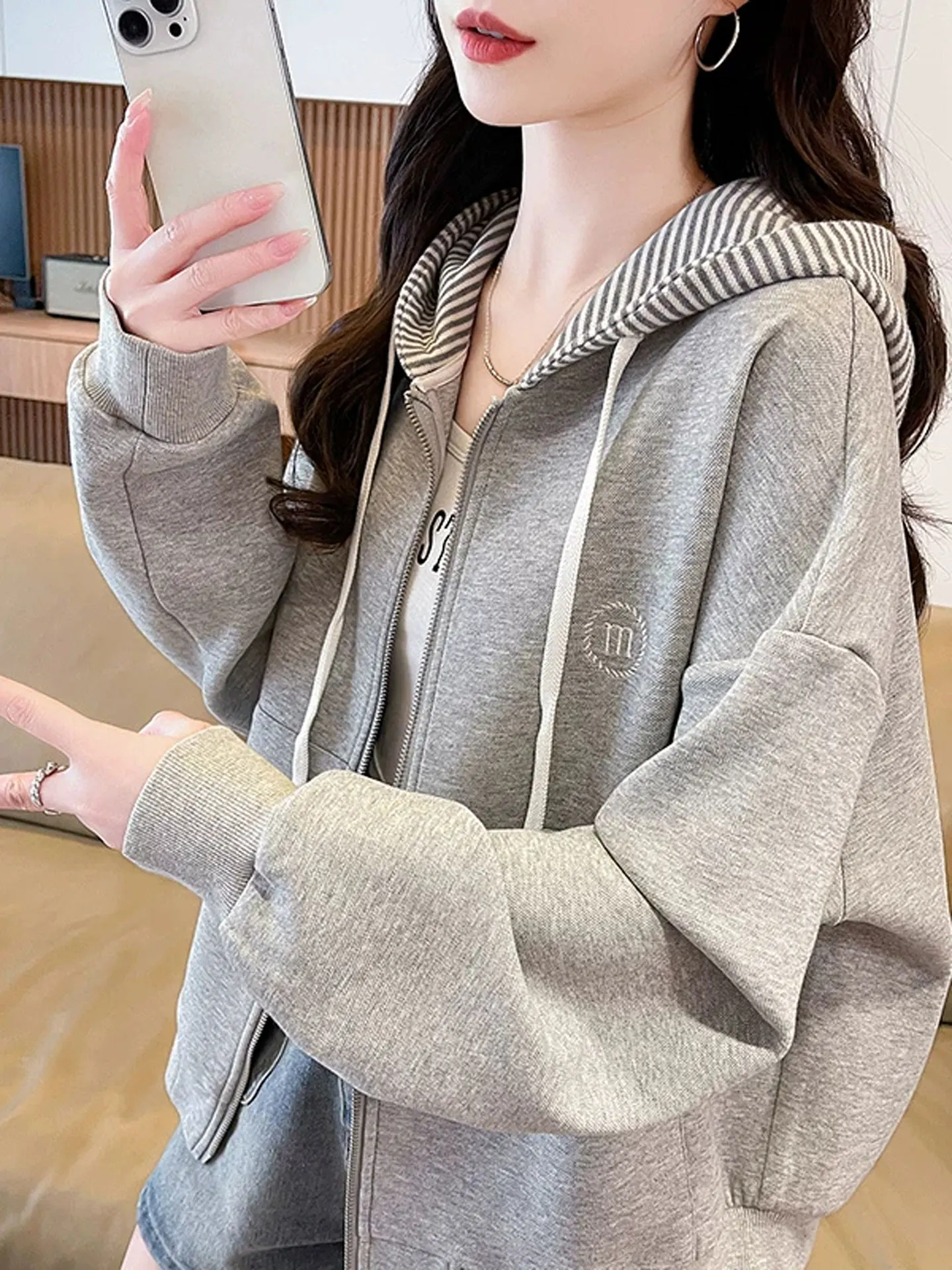Women's Zipper Hooded Striped Open Cardigan Sweatshirt Autumn Spring New Style Upper Body Small Size Middle School Student