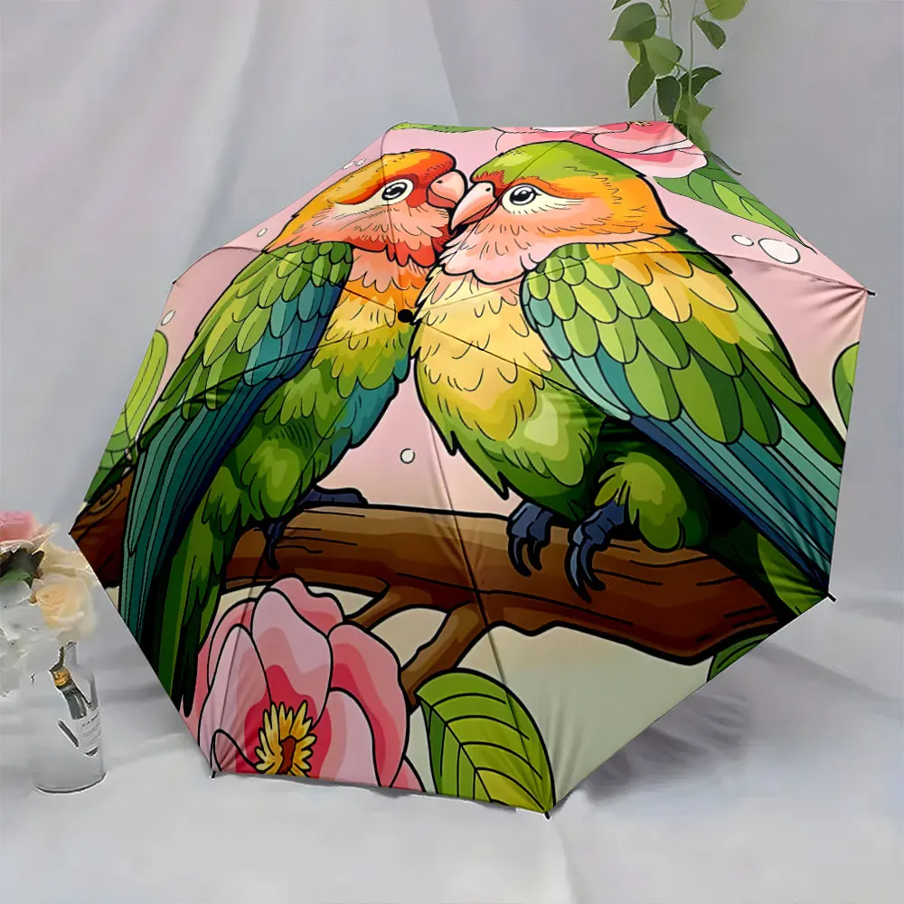 1PC Lovely parrot design umbrella with floral accents Print 8 Iron Ribs Folding Umbrella Auto-Open Fashion Sunshade