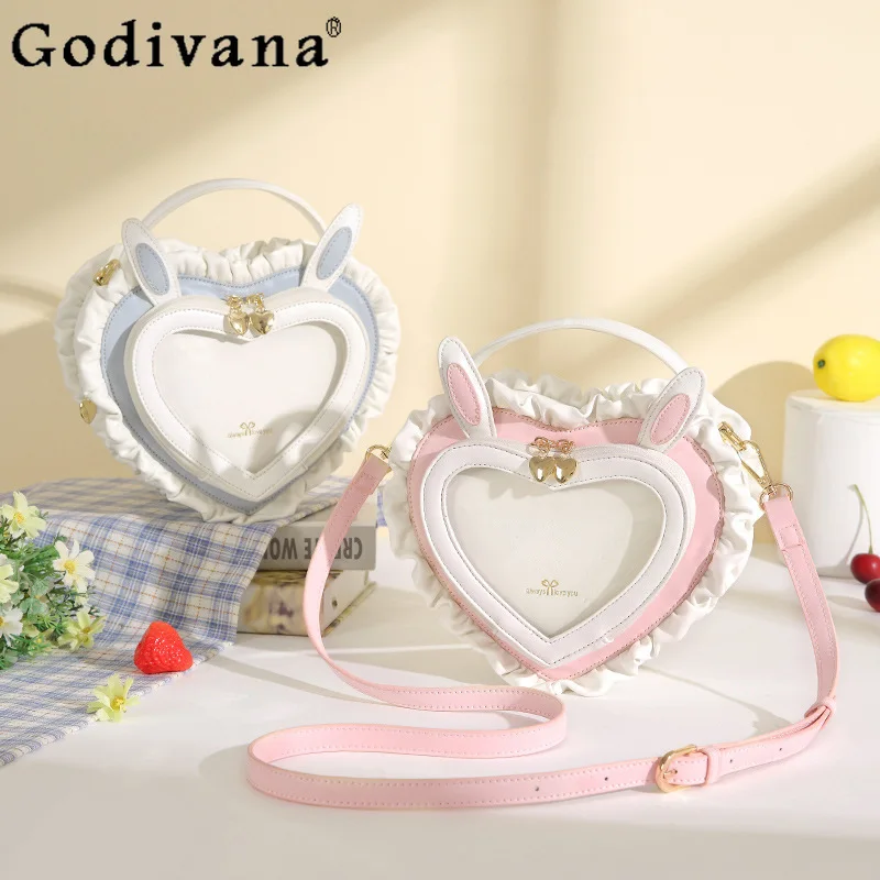 

Lolita Rabbit Ear Transparent Pain Bag Badge Japanese Sweet Cute Lace Small Capacity Student Versatile Shoulder Crossbody Bag