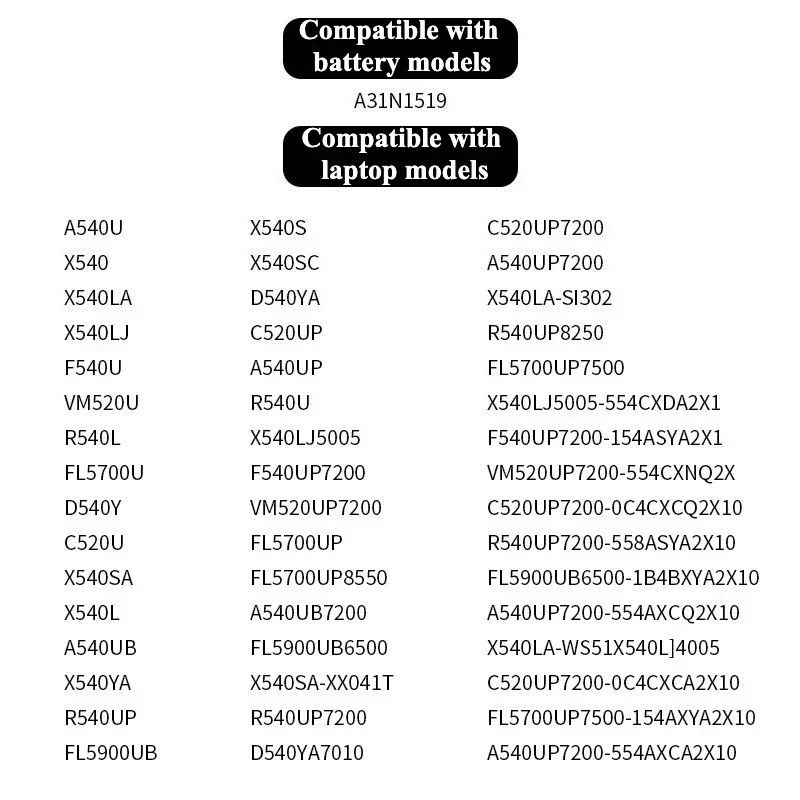New A31N1519 2600mAh Battery for ASUS X540 X540L X540LA X540LJ X540S X540SA X540SC X540YA F540SC R540S R540SA A540 A540LA Series