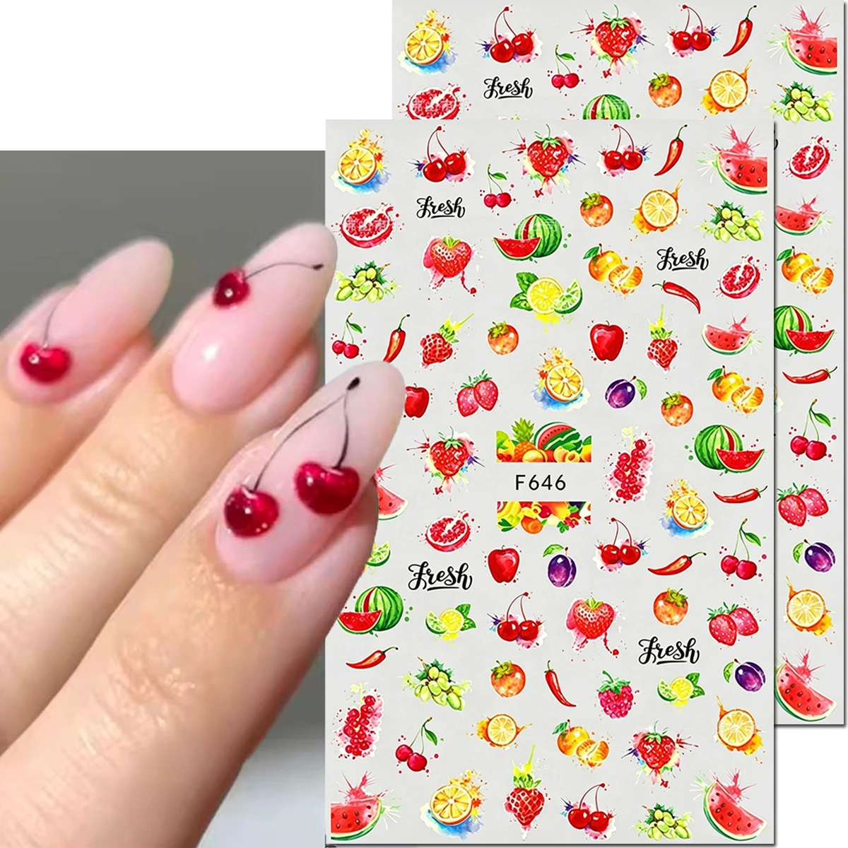 2-Sheets Fruits Cherry Strawberry Watermelon Lemons 3d Nail Art Stickers Nails Decals For Nails Tips Decorations