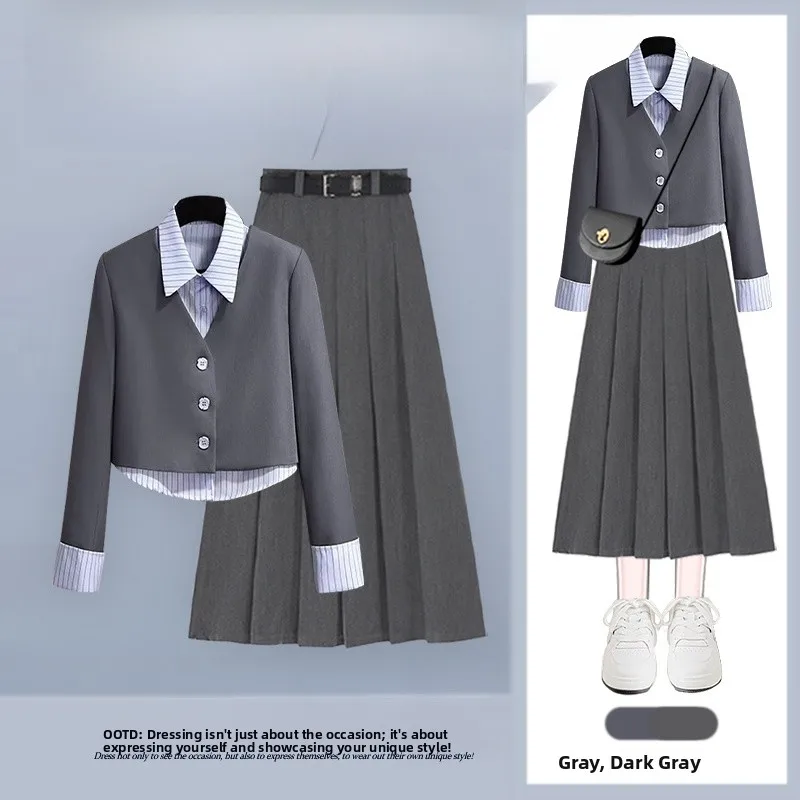 

Elegant Autumnal Women's Outfit Two-Piece Set with Collared Shirt And High-Waisted A-Line Skirt for Casual Wear