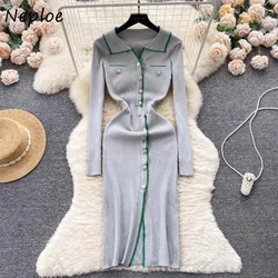 2024 Autumn Winter Slimming Sexy Slimming Vestidos Femme Lapel Contrasting Color Single Breasted Waist Cinching Slit Knit Dress