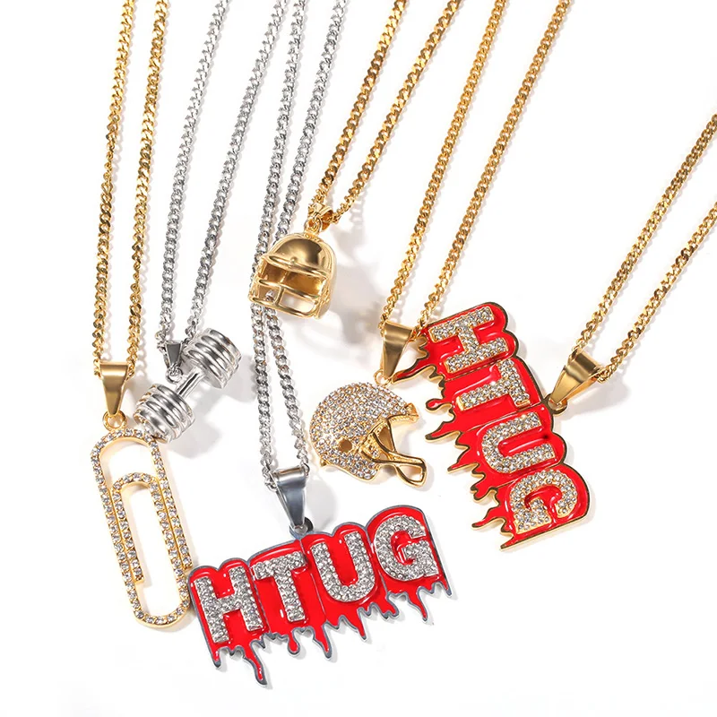 Hip Hop Rhinestones Paved Bling Iced Out Stainless Steel Helmet Dumbbell Paper Clip Pendant Necklaces for Men Rapper Jewelry