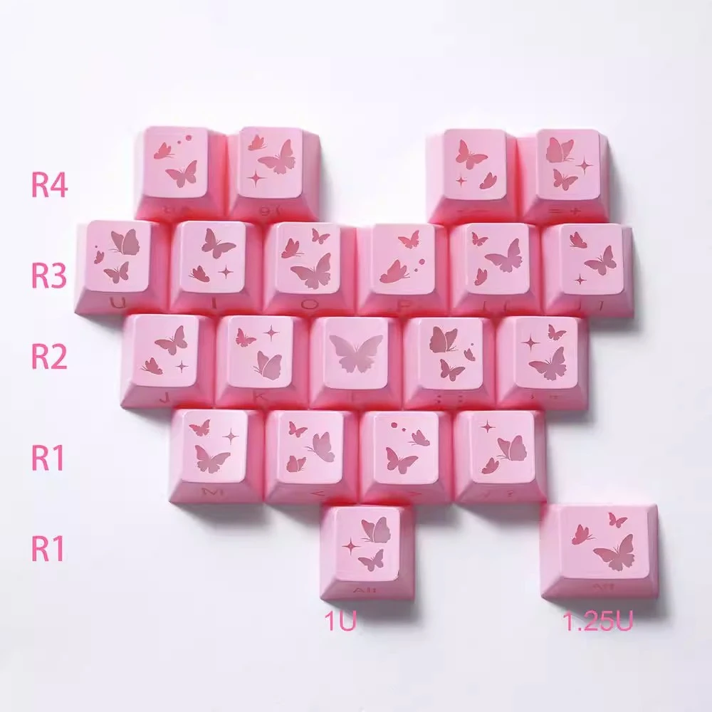 21 Keys/set Pink Butterfly Heart-shaped Keycap Cherry Profile Side Printed Backlit Key Caps PC Material Thickness 1.7mm