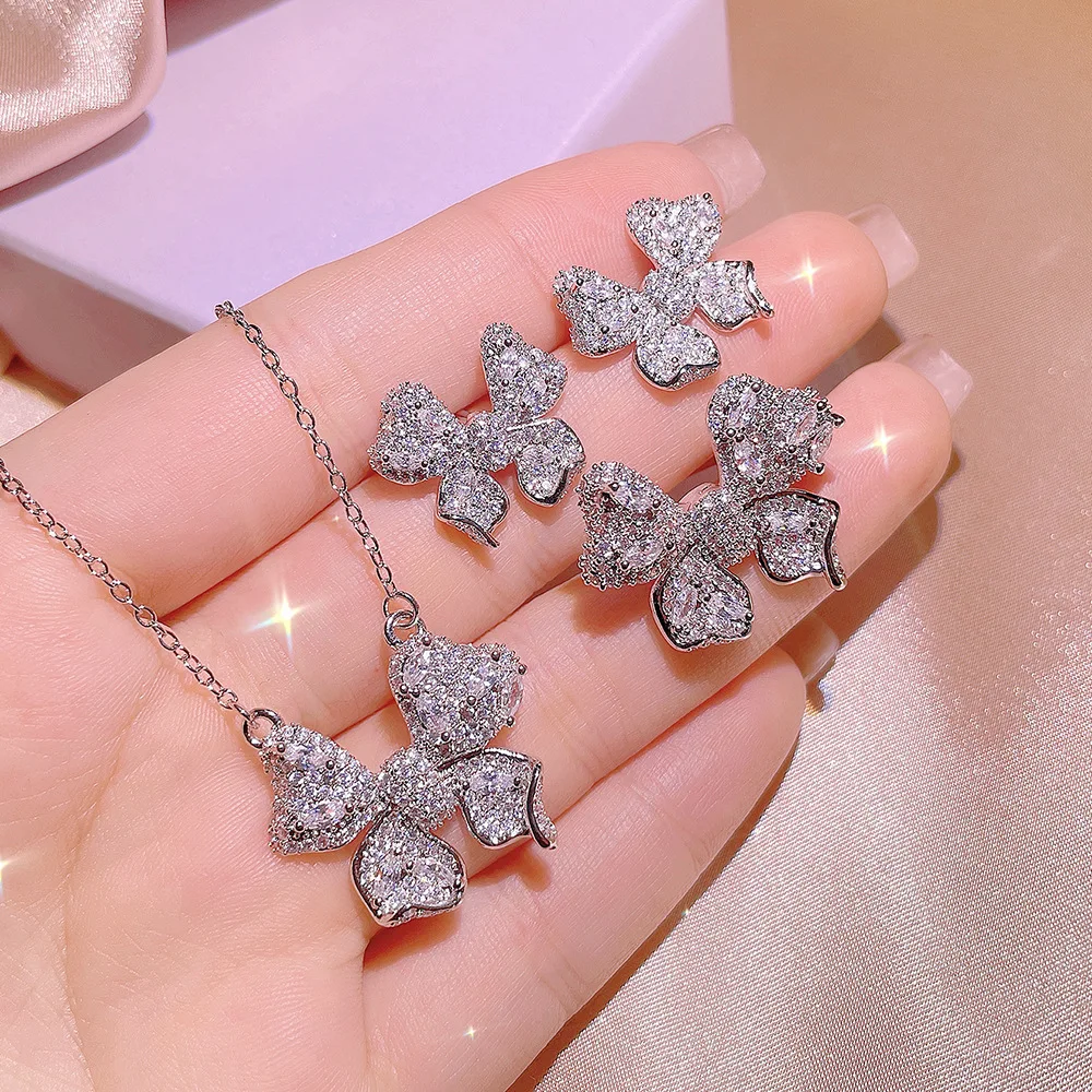 Sweet Cute Bow Set White Zircon Ring Stud Necklace Ladies 925 Stamp Wedding Party Birthday Gift Fashion Jewelry Outlet