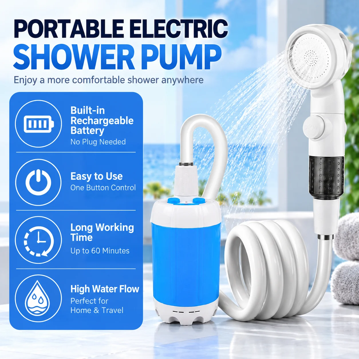 Ducha eléctrica portátil para acampar, bomba de ducha de 4000 mAh, ducha eléctrica recargable mejorada, bajo nivel de ruido, sistema de prevención de fugas, dispositivo de ducha portátil con cabezal de ducha que aumenta la presión, ideal para acampar al aire libre, ducha inteligente con pantalla digital, no requiere electricidad, perfecta para viajes y acampadas.