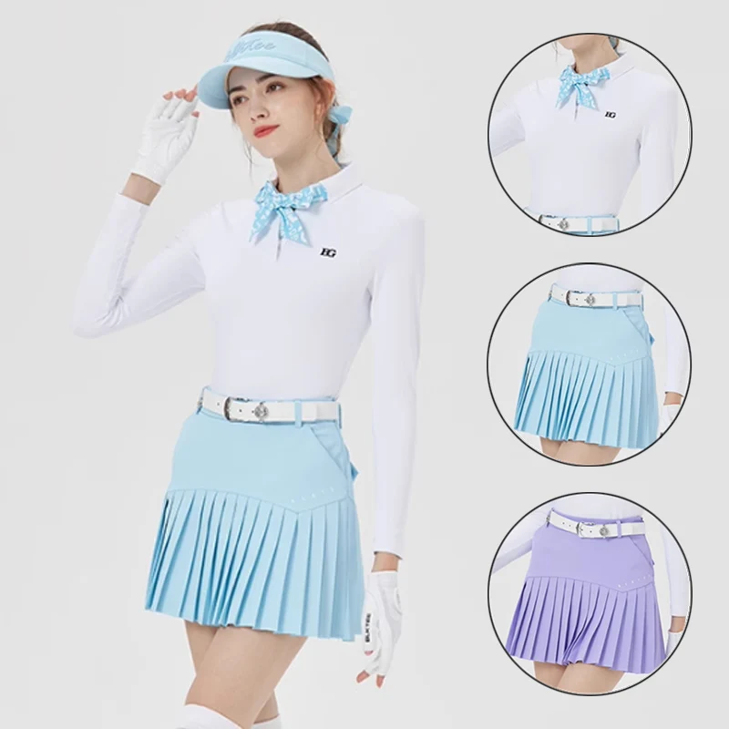 

Blktee Lady Full Sleeve Golf Polo Shirt Slim Elastic Sport T-shirt Women High Waist A-line Skirt Anti-light Golf Culottes Suits