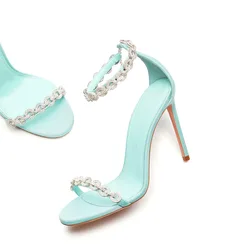 Woman Bling Round Crystal Cross Chains Mint Blue Silk Sandals Thin High Heels Rhinestone Circle Chains Peep Toe Wedding Sandals