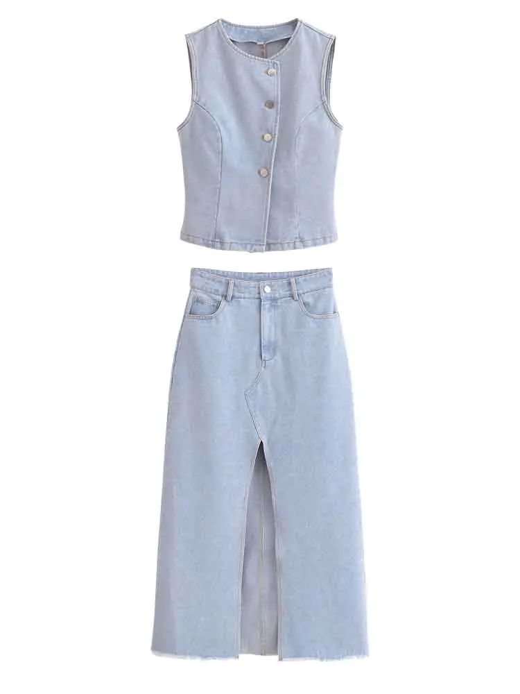 

European style new women's fashion versatile temperament round neck sleeveless denim vest skirt suit