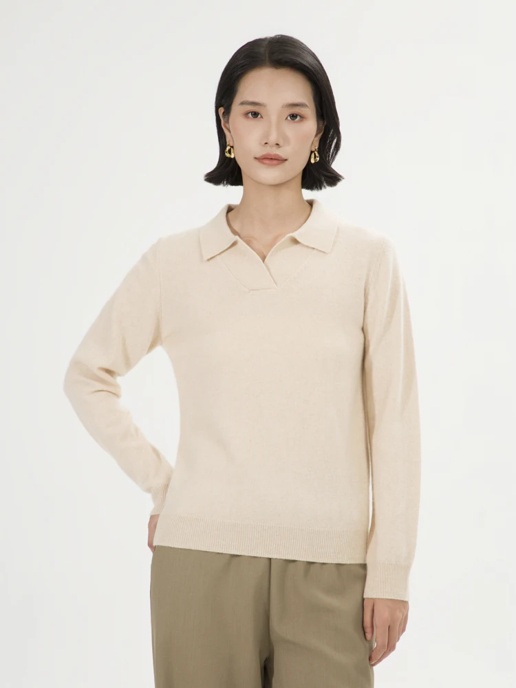 

100% Cashmere Sweater Women's Autumn Winter Chic Polo Collar Pullover Female Grace Casual Clothing Cashmere Knitting Warm Tops