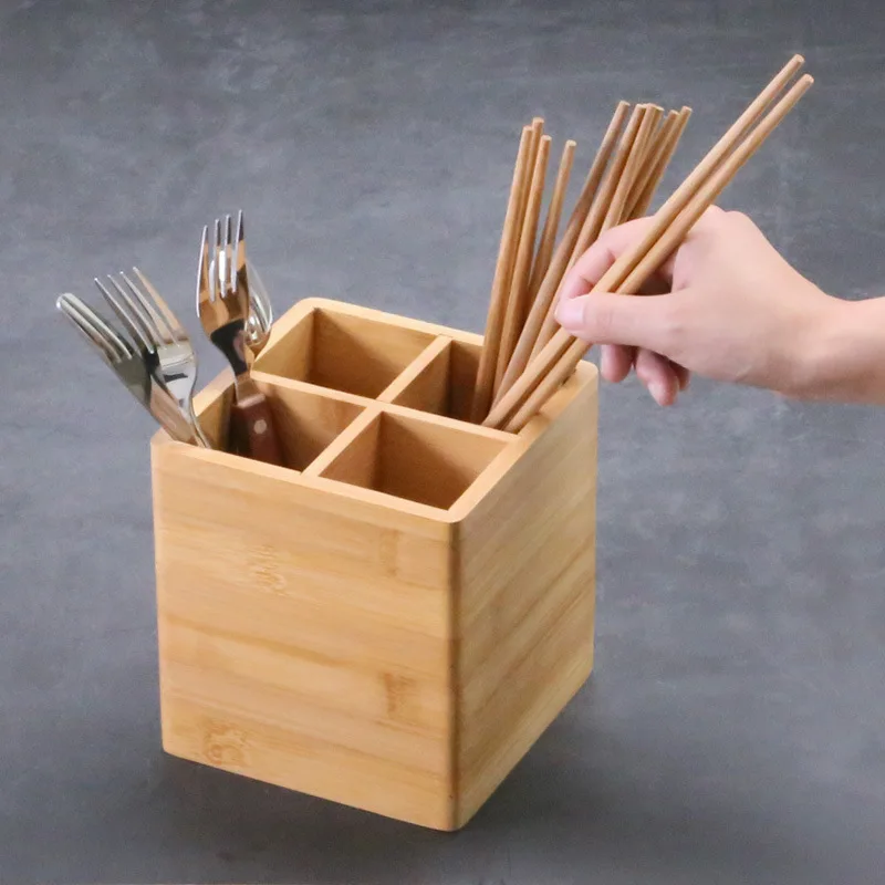 4 Grid Detachable Bamboo Wood Chopsticks Drain Desktop Spoon Fork Knife Storage Holder Kitchen Organizer Racks for Tableware