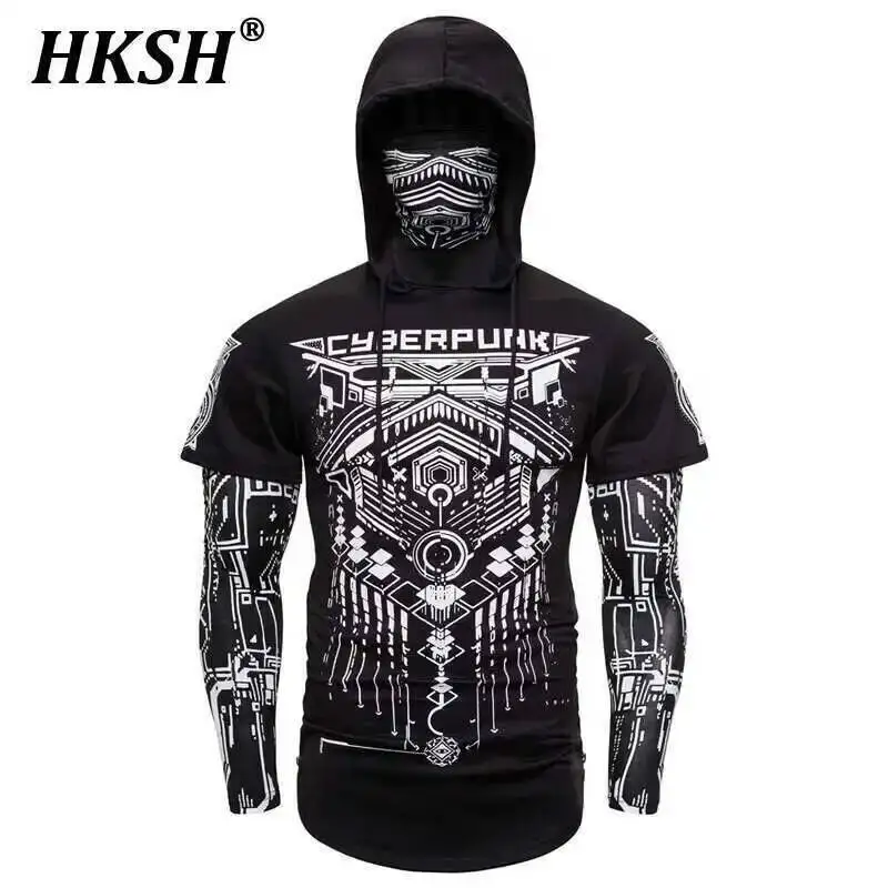 Hksh Frühling Sommer elastische Kapuze T-Shirts Herren Flut dunkle Ninja Sweatshirt Schädel Maske Streetwear Mode druck schicke Tops hk1826