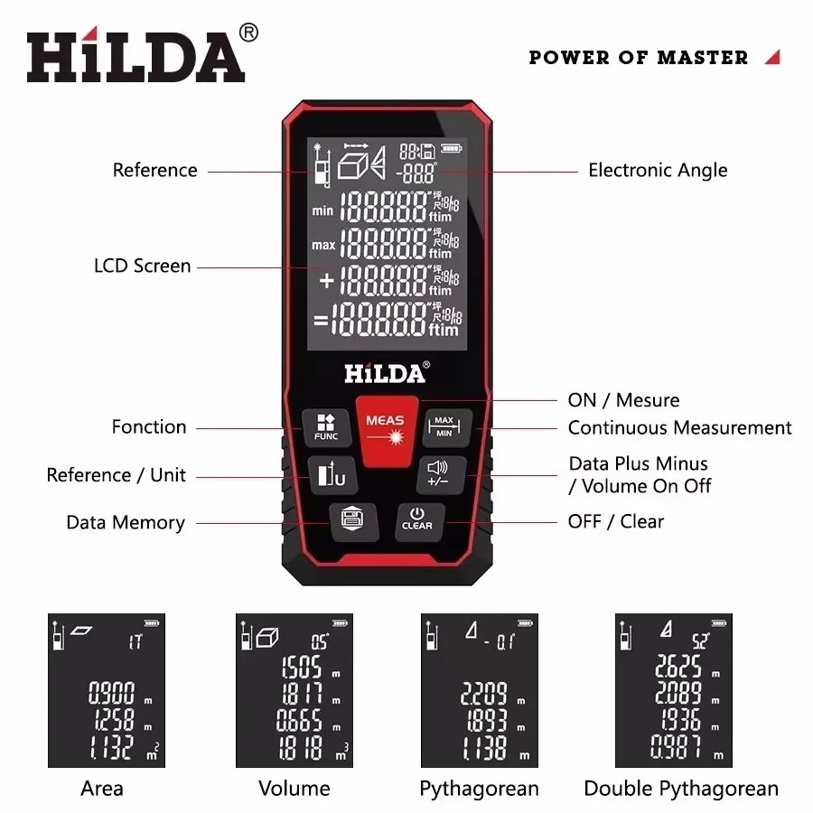 HILDA 레이저 거리계 거리 계량기 레이저 테이프 거리계 빌딩 전문 계량기 레이저 눈금자 테스트 도구, 50m, 100m, 120m