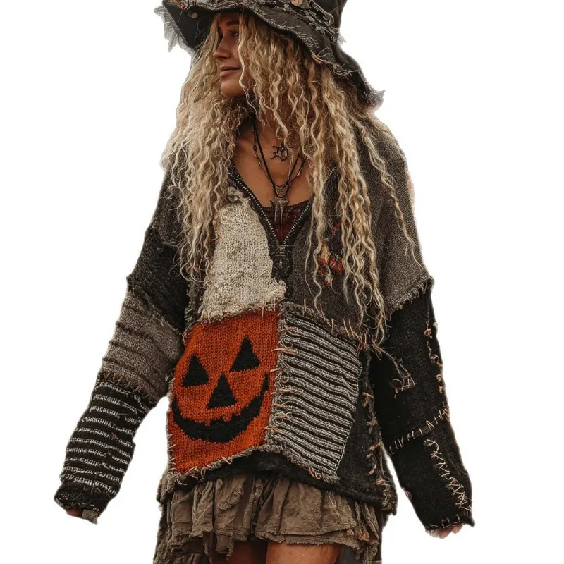 New Autumn Winter Halloween Sweater Women Loose Casual V-neck Top Off Shoulder Women's Hoodie Pumpkin  Loose Top