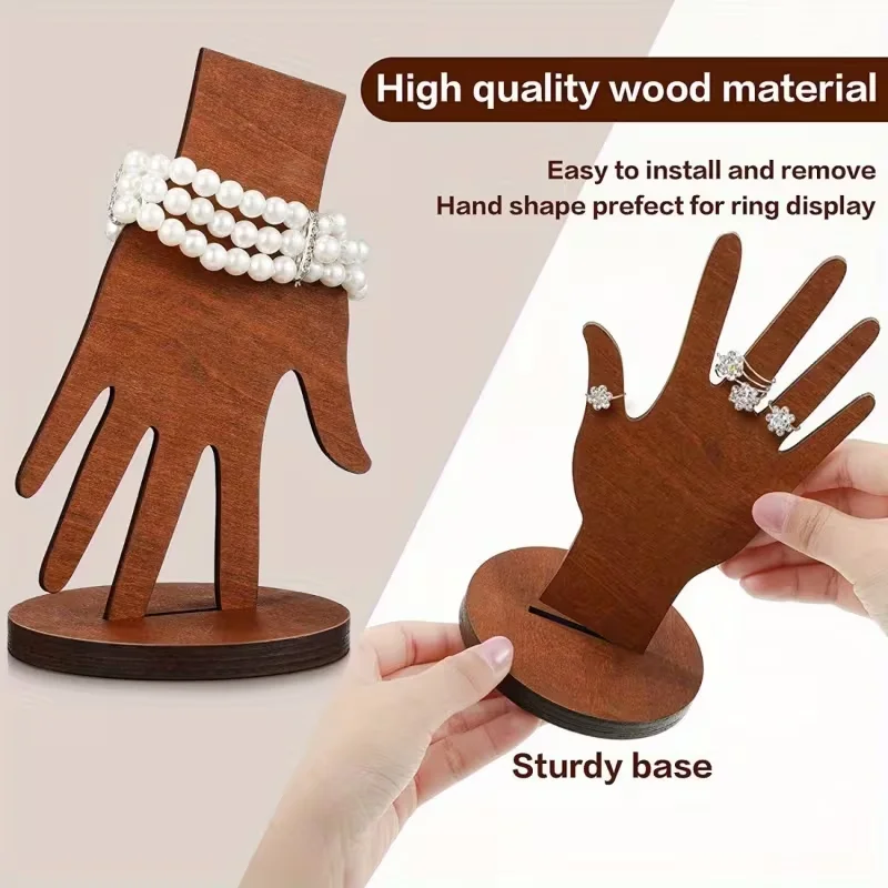 Conjunto de exibição de joias em forma de mão de madeira – design de 2 vias para pendurar na parede ou exibição de mão de dedo de manequim autônomo, cor marrom