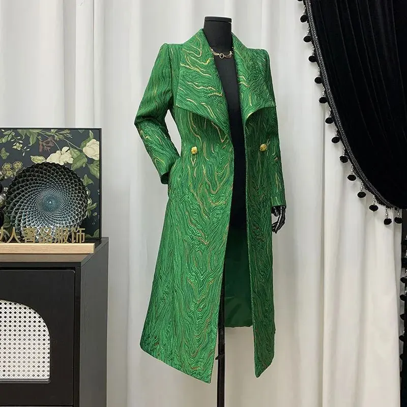 

High-End Elegant Trench Coat Women 2025 Winter New Collection Green Texture Embroidered Jacquard Cinching Fashion Coats Female