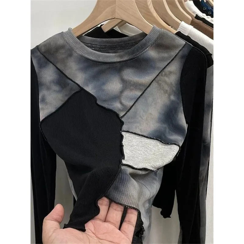 

Summer T-shirt Women's Clothing Top Spring Slim-fit T-shirt Women's Long Sleeve Crop Top Women's Tie Dye Patchwork Long Sleeve