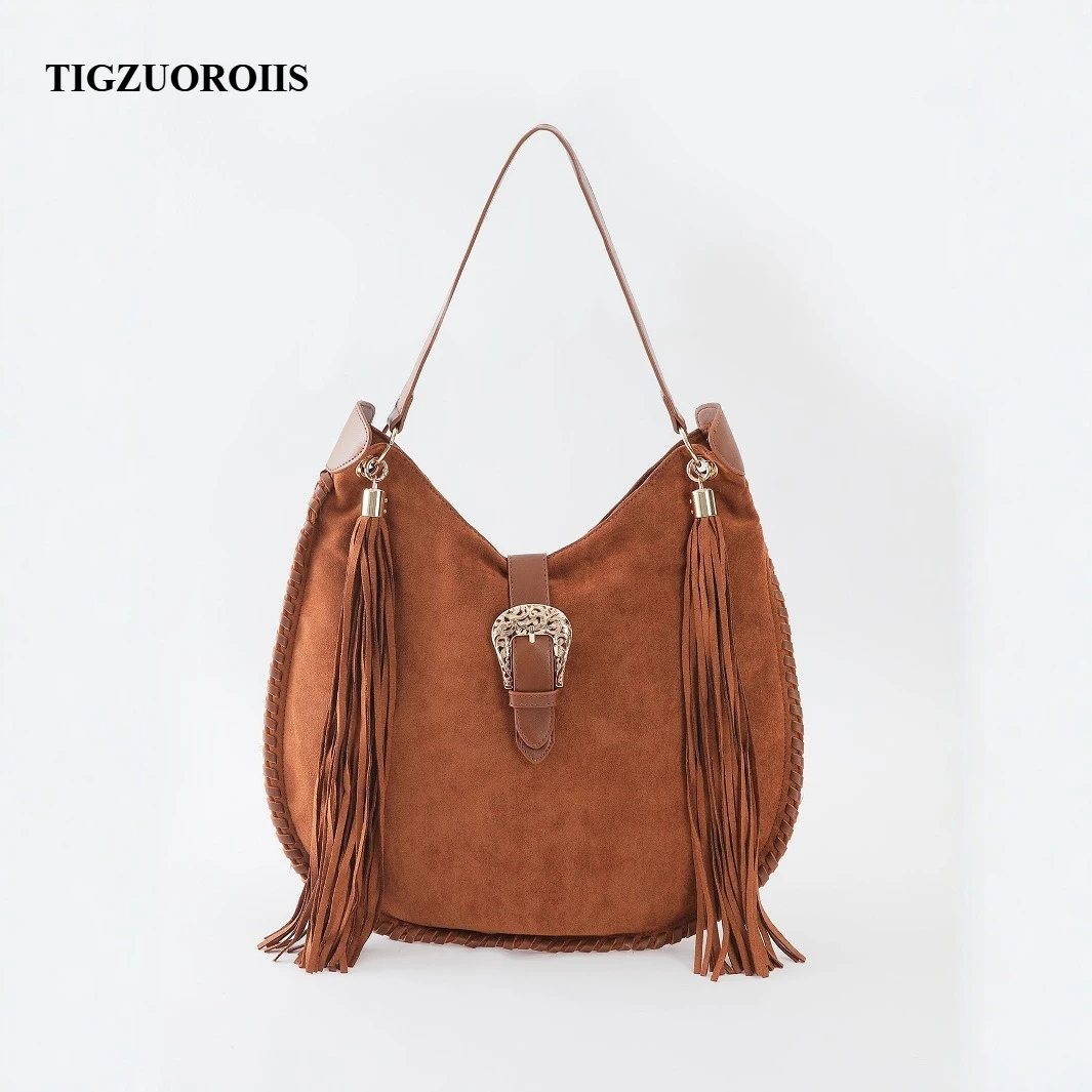 

Women Faux Suede Shoulder Bags Tassel Tote Large Capacity Elegant Shoulder Purse Zip Closure Top Handle Bag Outdoor Travel Bag