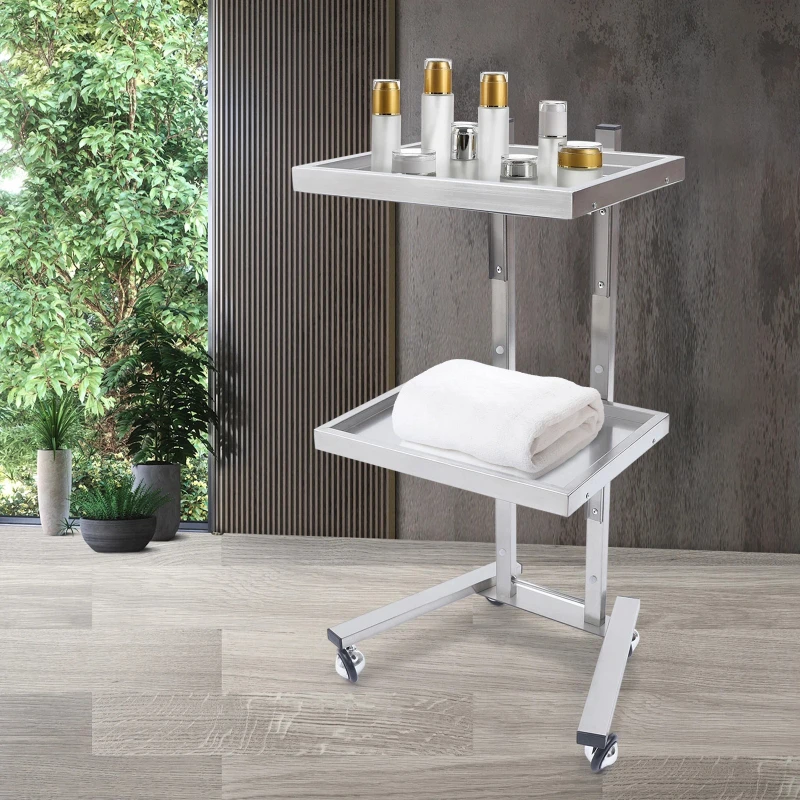 2 Tier Salon Trolley Stand W/ Wheel Barber Shop Beauty Tool Storage Tray Rolling Cart Shelf Hairdressing Supplies Cart Silver