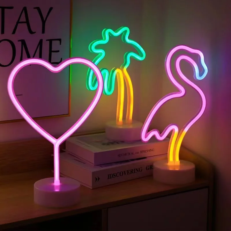 Neon Sign LED Rainbow shaped Neon Light Battery/USB Powered Colorful Neon Lamp with Holder Base Star Flamingo Nightlight Deco