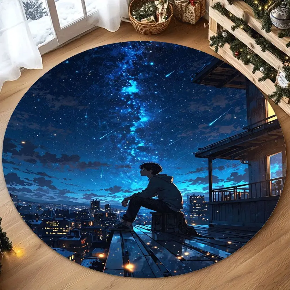 Round Cosmic Anime Pattern Flannel Rug Printed Design Modern Art Decor Soft Anti Slip Carpet For Living Room And Meditation Area