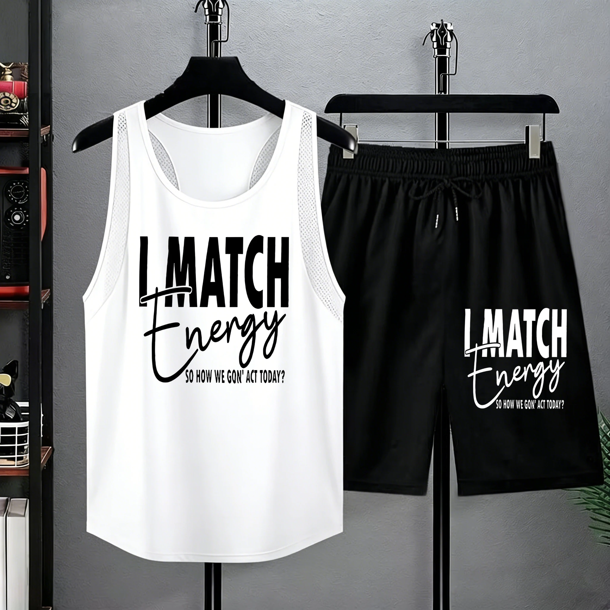

I Match Energy Slogan Print Men Summer Sport Breathable Vest&Shorts Suit Gym Swimming Loose Pants Fashion Cool Sleeveless Tee