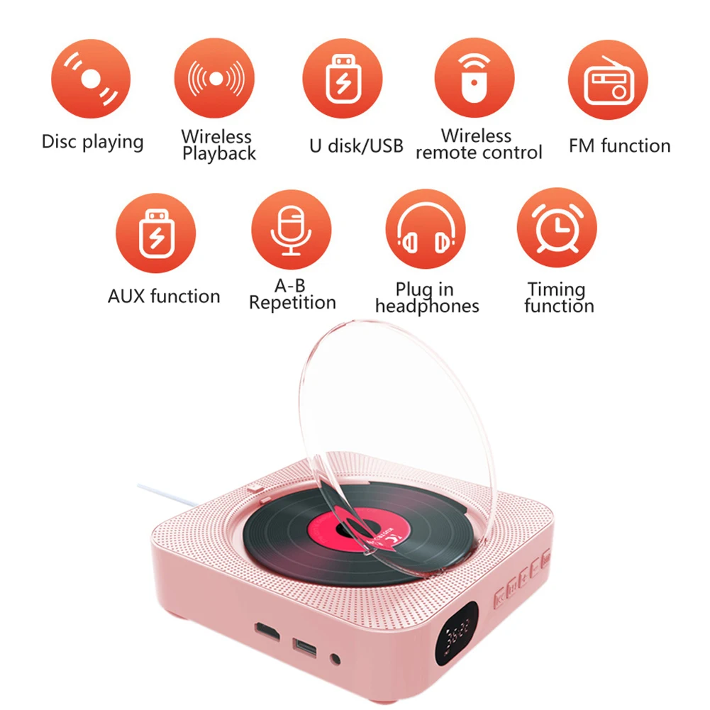 VCD CD DVD Player Multifunctional Audio Music Player Bluetooth Speaker FM Radio Wall Mounted 3.5mm AUX Jack With Remote Control